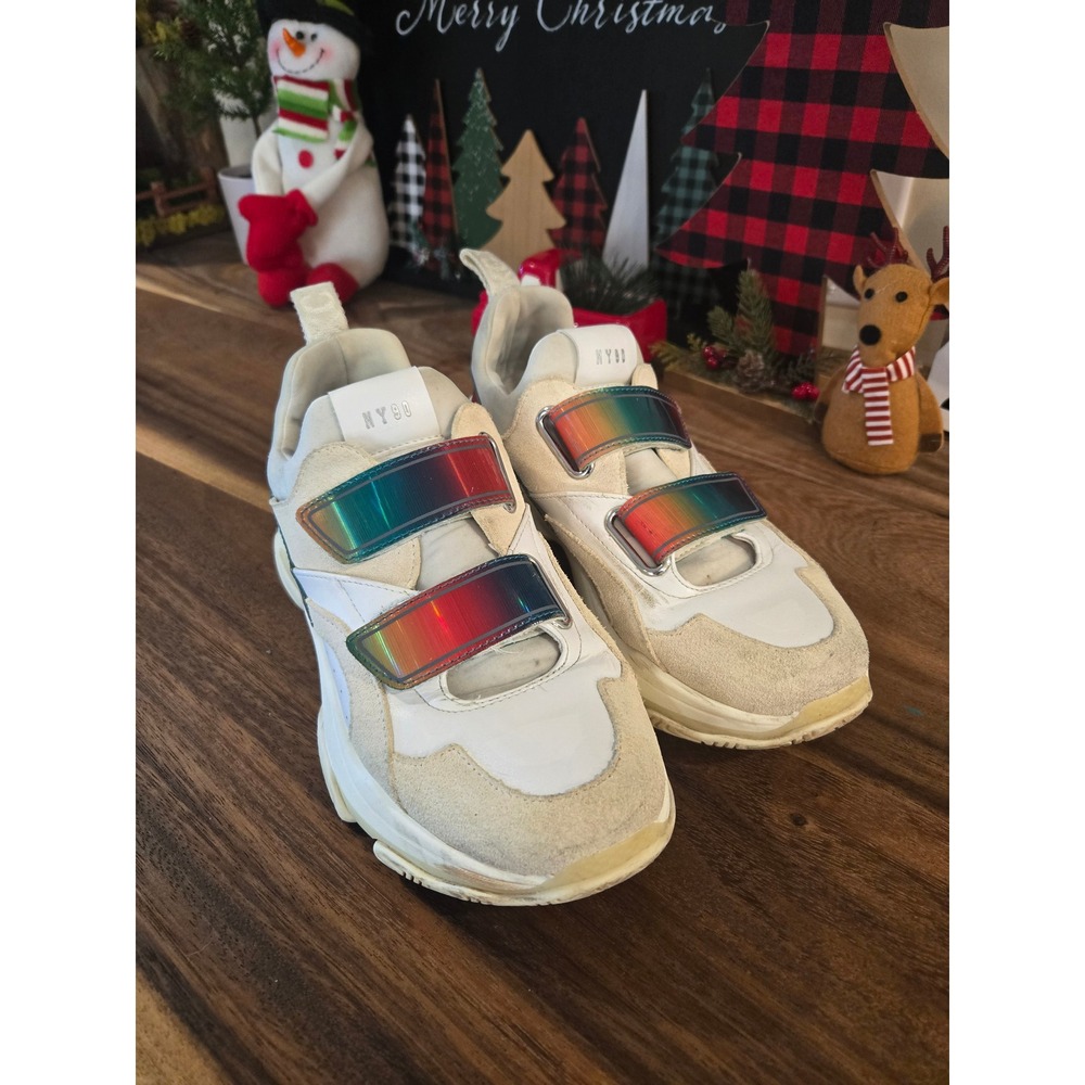 Steve Madden Women Chunky Sneakers Rainbow Straps White Cream Athletic Shoes‎